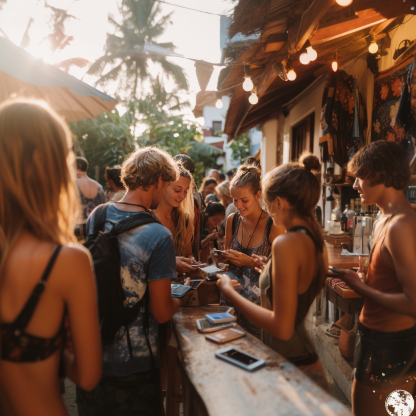 a group exchanging contact information at a hostel in bali