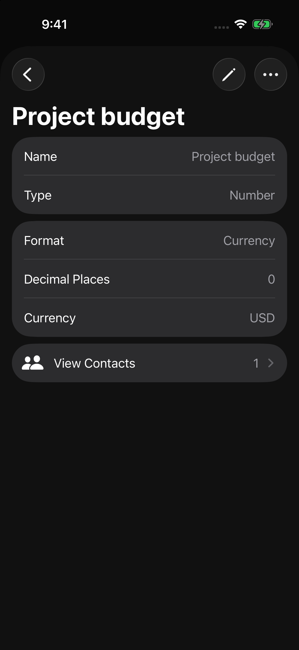 Dextr’s Project budget custom field configured as a number with US dollar currency formatting