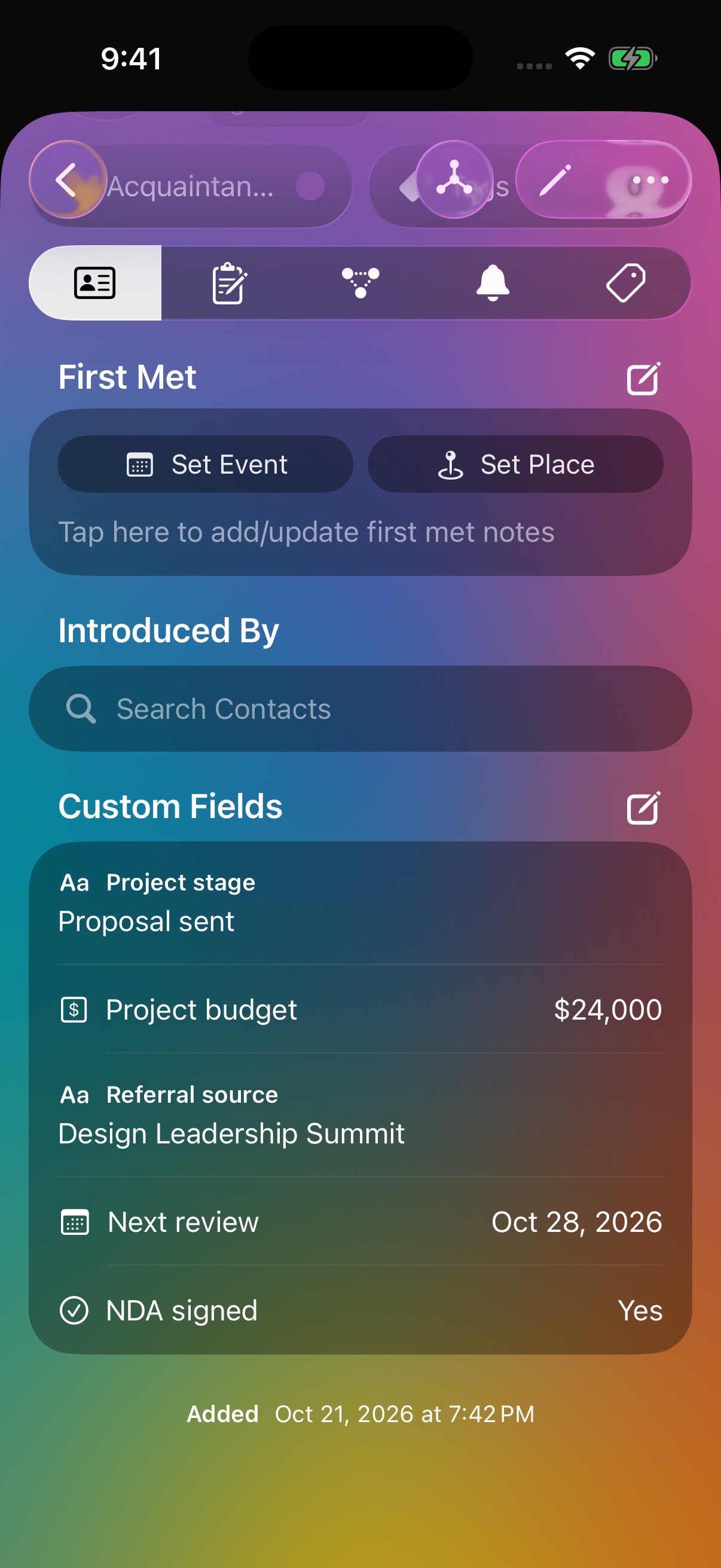 Dextr showing a client’s custom fields for project stage, project budget, referral source, and next review date