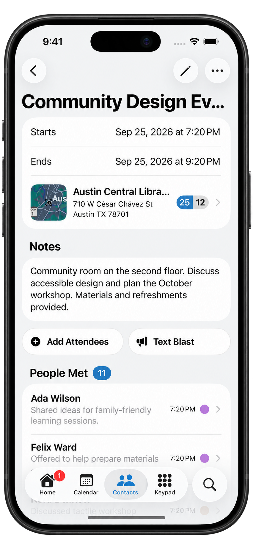 A Dextr event at Austin Central Library with 11 people met and attendee notes