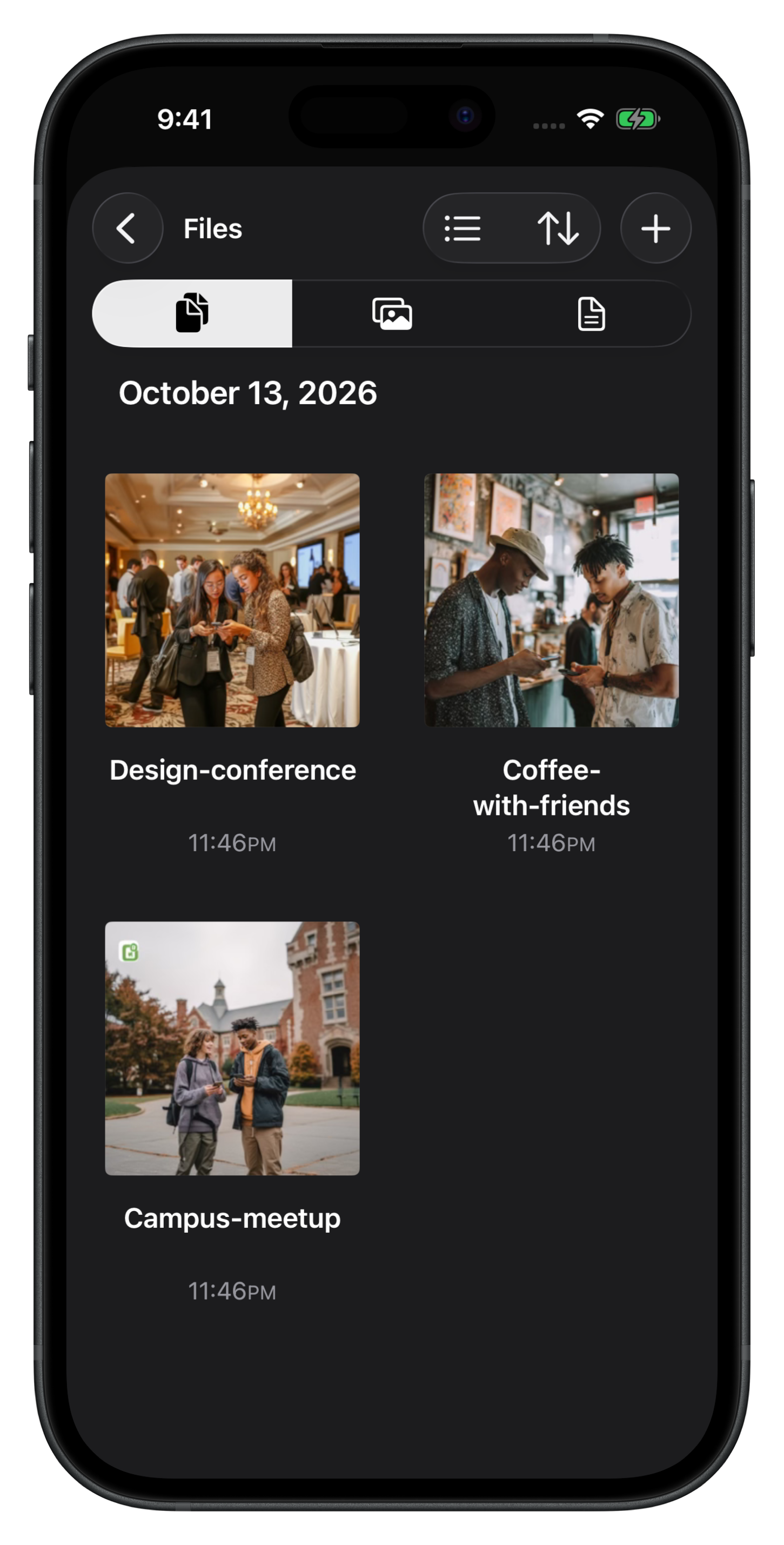 Dextr’s iPhone Files screen in dark mode showing three uploaded photos