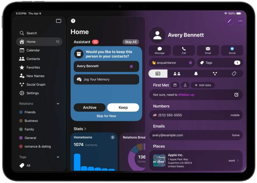 Dextr’s expanded contacts workspace on iPad