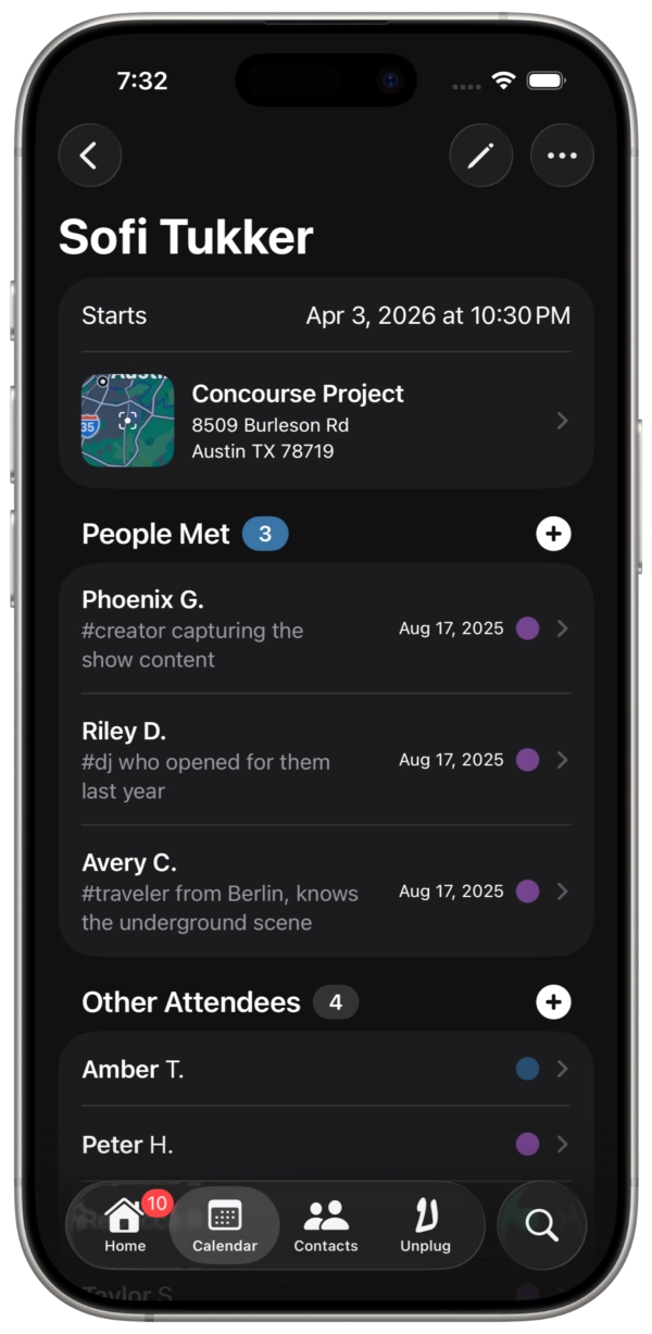 An event in Dextr showing where contacts first met