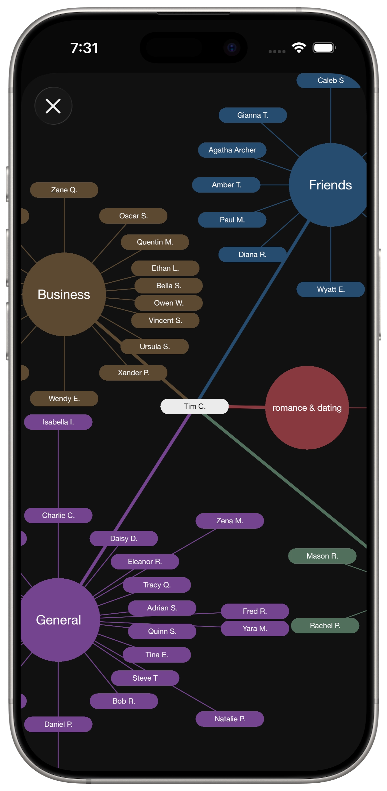 an iphone showing nodes connected by lines representing relationships between contacts