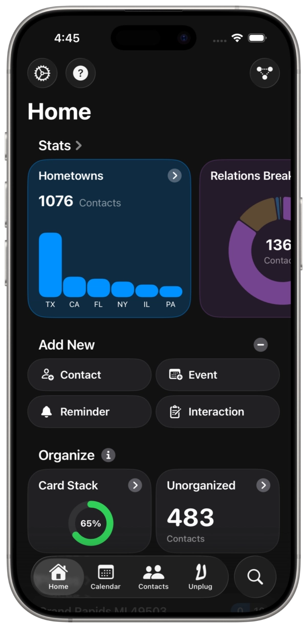 Dextr on iPhone, showing the Home dashboard with contact insights and quick actions
