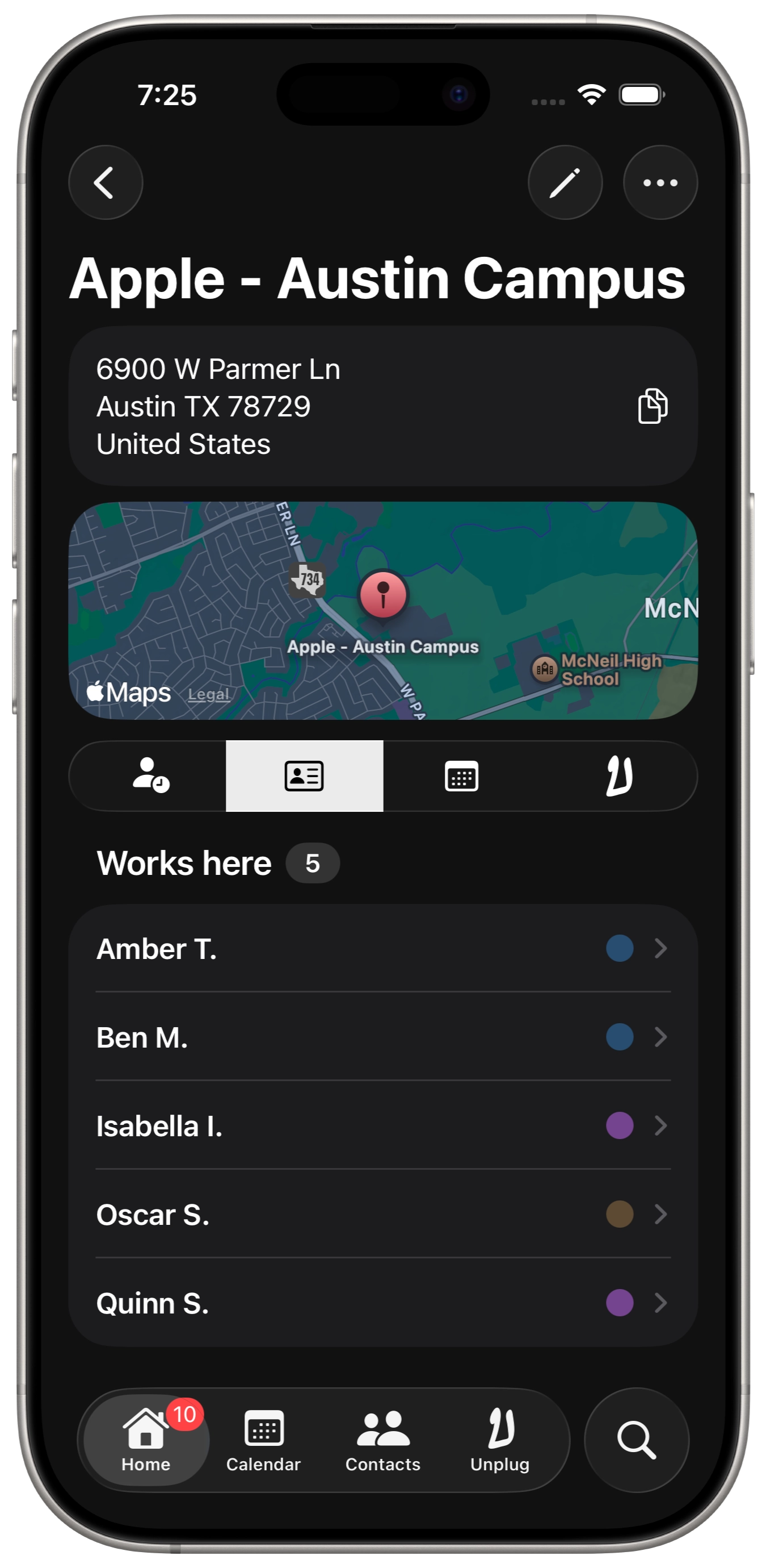 iphone showing a location on dextr with an address and people met at the location
