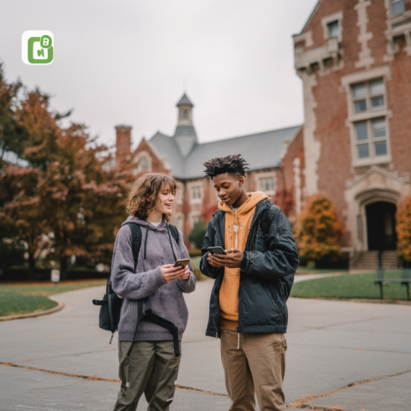 two people meeting at on a college campus