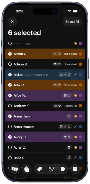 screen capture of dextr showing the bulk edit feature with multiple contacts selected