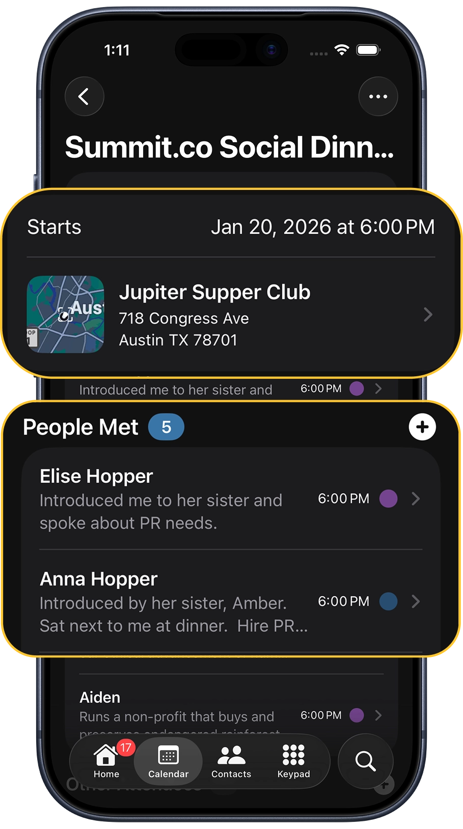 iphone showing a location on dextr with and address and people met at the location