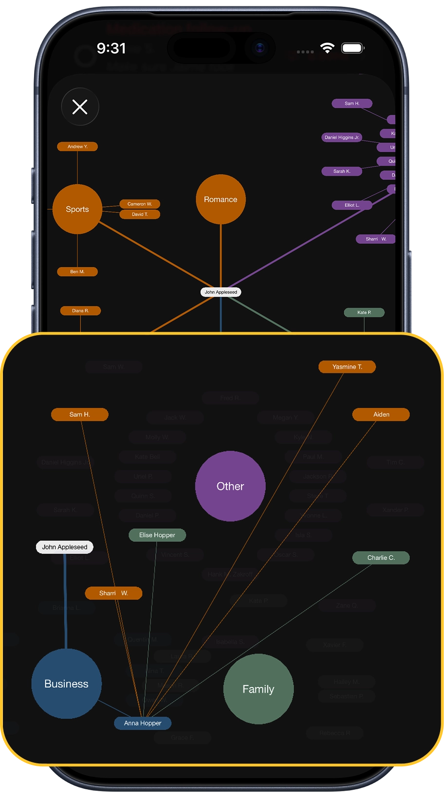 an iphone showing nodes connected by lines representing relationships between contacts