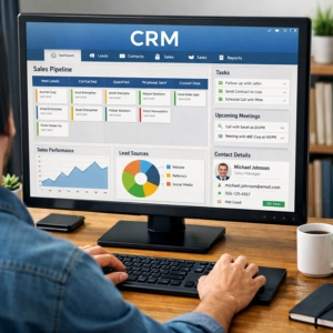 a person using a crm in a workplace