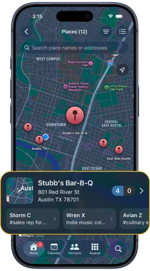 an iphone with a geo map showing locations of where contacts have been met