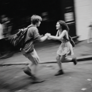 two people playing tag on the street