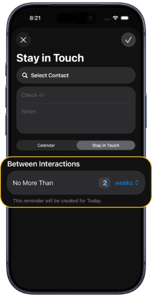 screen capture of dextr showing methods of setting reminders such as the length of time it has been in between contacts