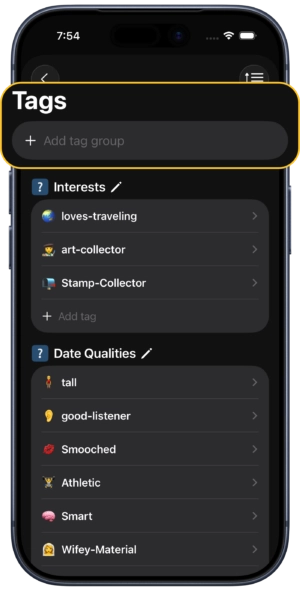 screen capture of Dextr showing how to add a tag group in settings