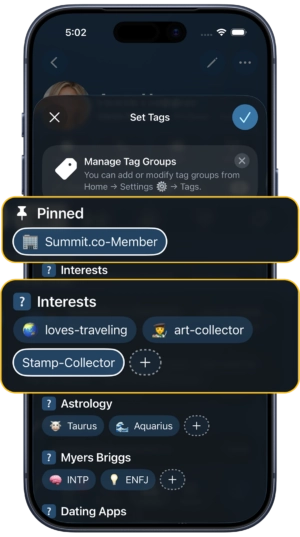 iphone showing dextr contact tagging features