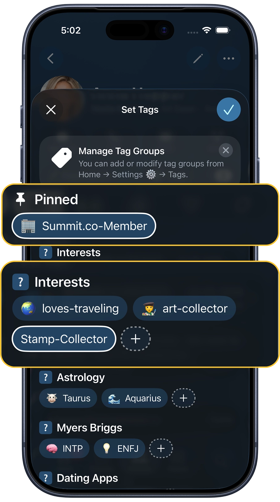 iphone showing dextr contact tagging features