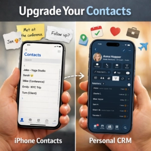 two hands holding two phone comparing traditional iphone contacts to dextr personal crm