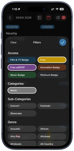 screen capture showing filters for badge, cost, and more