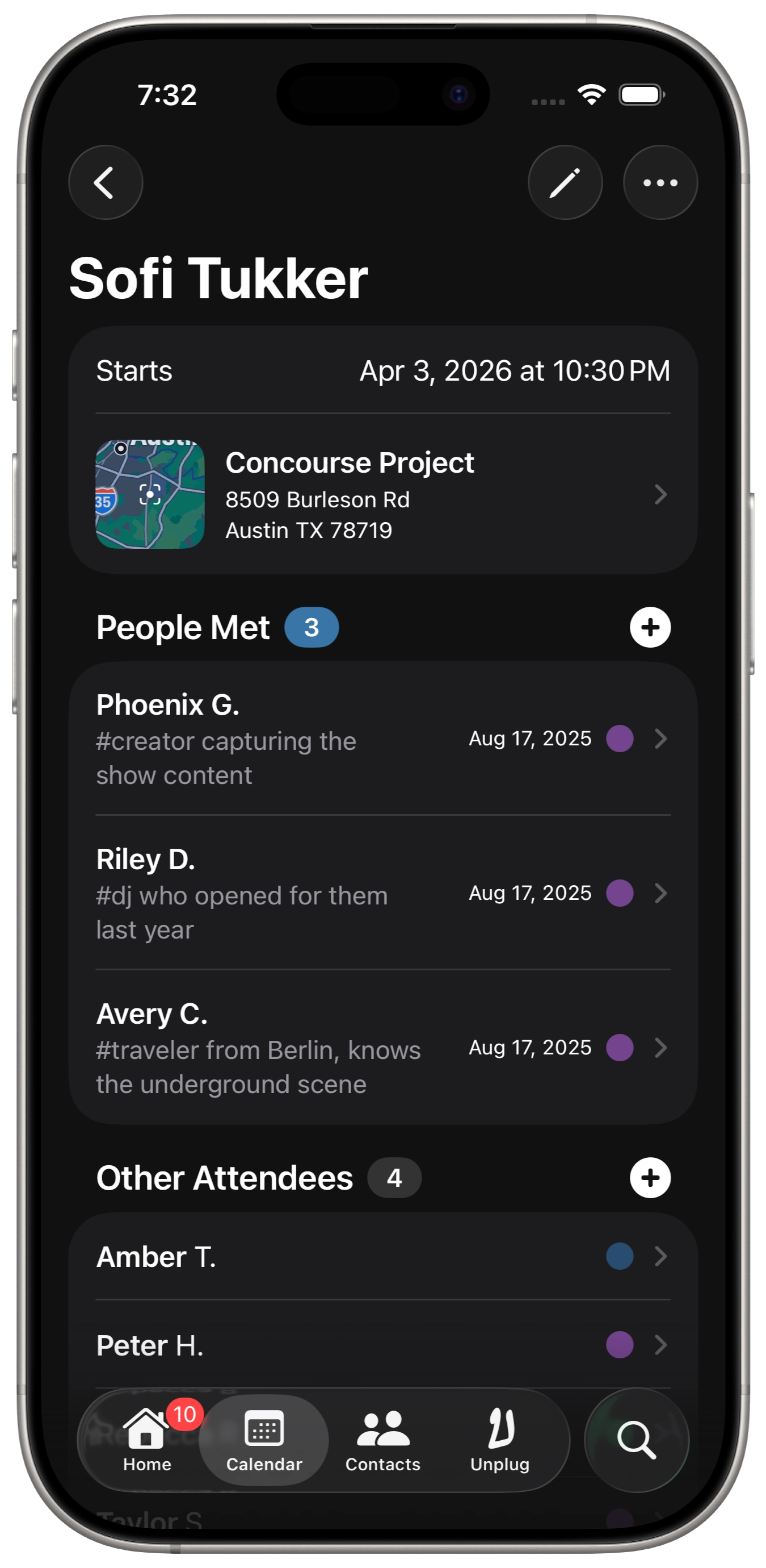 iphone showing dextr geo map feature with a map of locations and people met at the locations