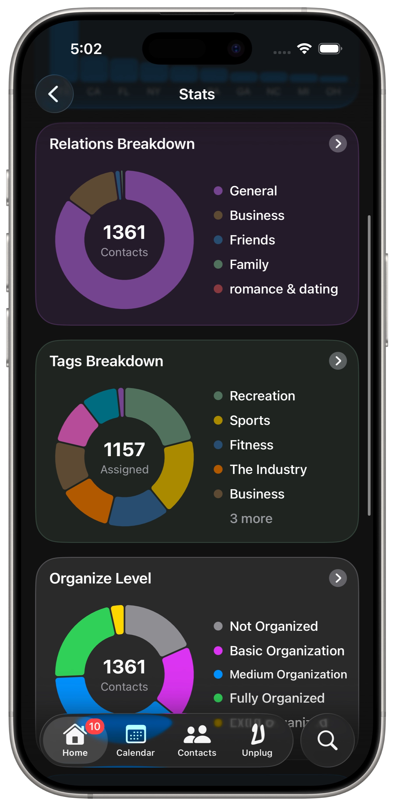 iphone showing dextr ai features with questions to help organize your contacts