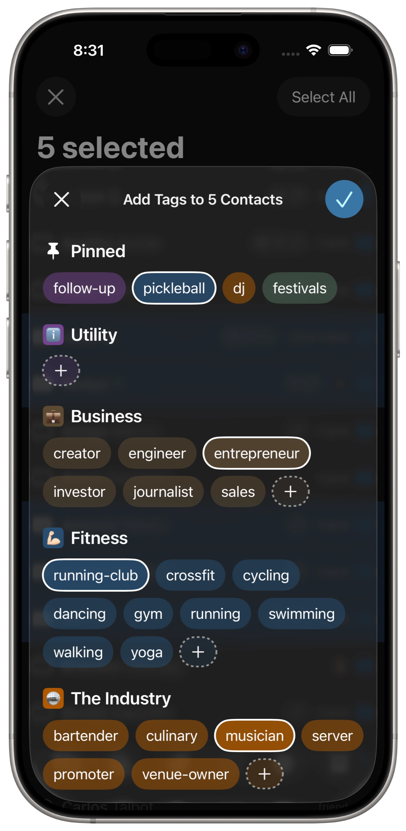 iphone showing dextr contact tagging features