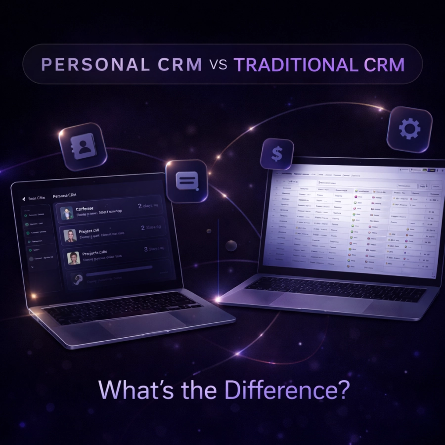 a graphic showing a personal crm next to a traditional crm