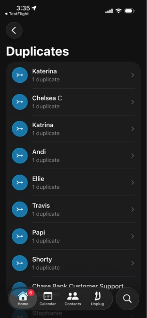 screen capture of the dextr duplicates contact list