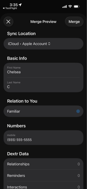 screen capture of the the final merge for duplicated contacts within Dextr